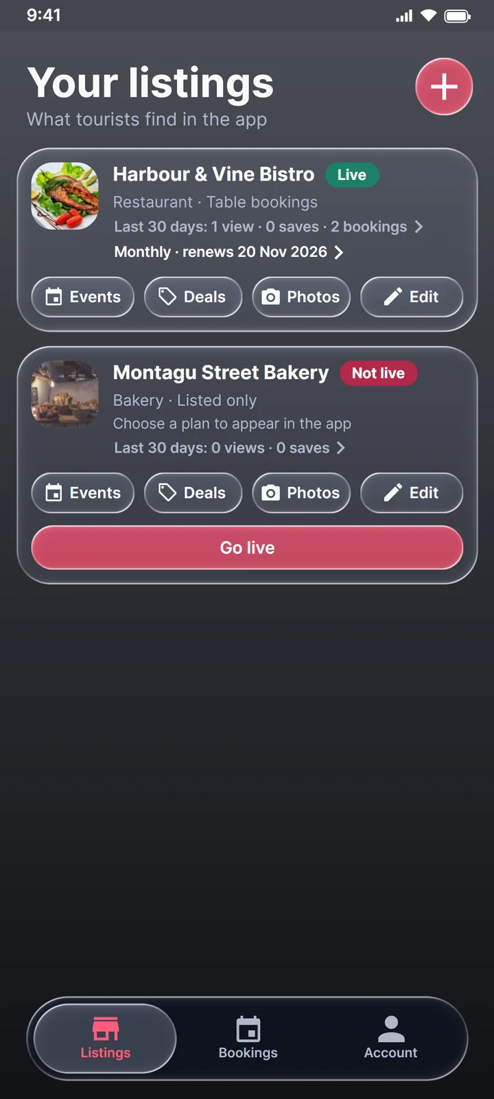 Listings in Ruvia Business, with views, saves and bookings